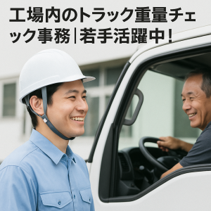 製造工場内の事務室でトラック重量の計測・事務